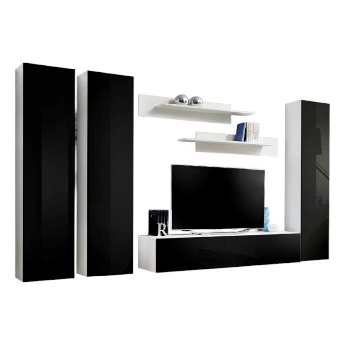 Meuble TV FLY C1 design, coloris blanc et noir brillant. Meuble suspendu moderne et tendance pour votre salon.