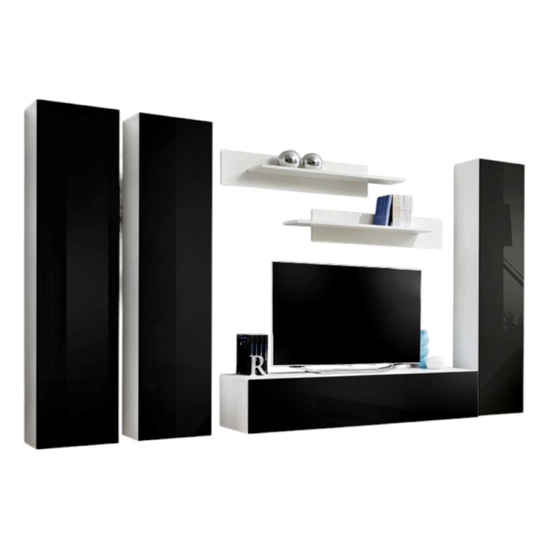 Meuble TV FLY C1 design, coloris blanc et noir brillant. Meuble suspendu moderne et tendance pour votre salon.