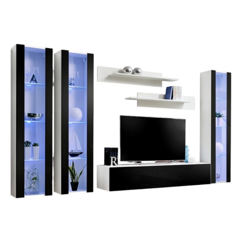 Meuble TV suspendu - FLY A4 - Couleur blanc et noir brillant.