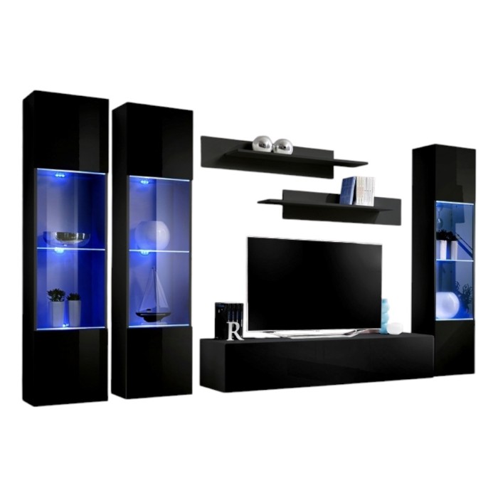 Meuble TV FLY C3 design, coloris noir brillant. Meuble suspendu moderne et tendance pour votre salon.