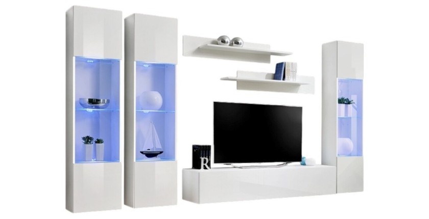 Meuble TV FLY C3 design, coloris blanc brillant. Meuble suspendu moderne et tendance pour votre salon.