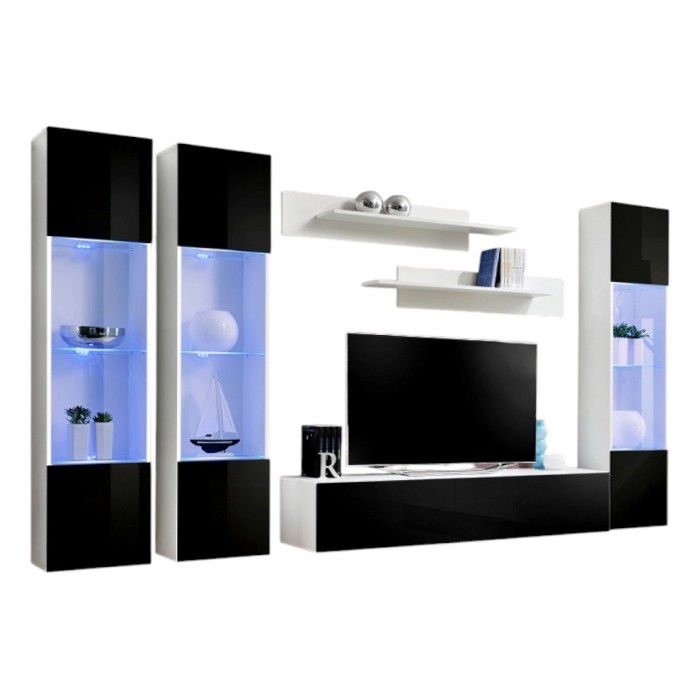 Meuble TV FLY C3 design, coloris blanc et noir brillant. Meuble suspendu moderne et tendance pour votre salon.
