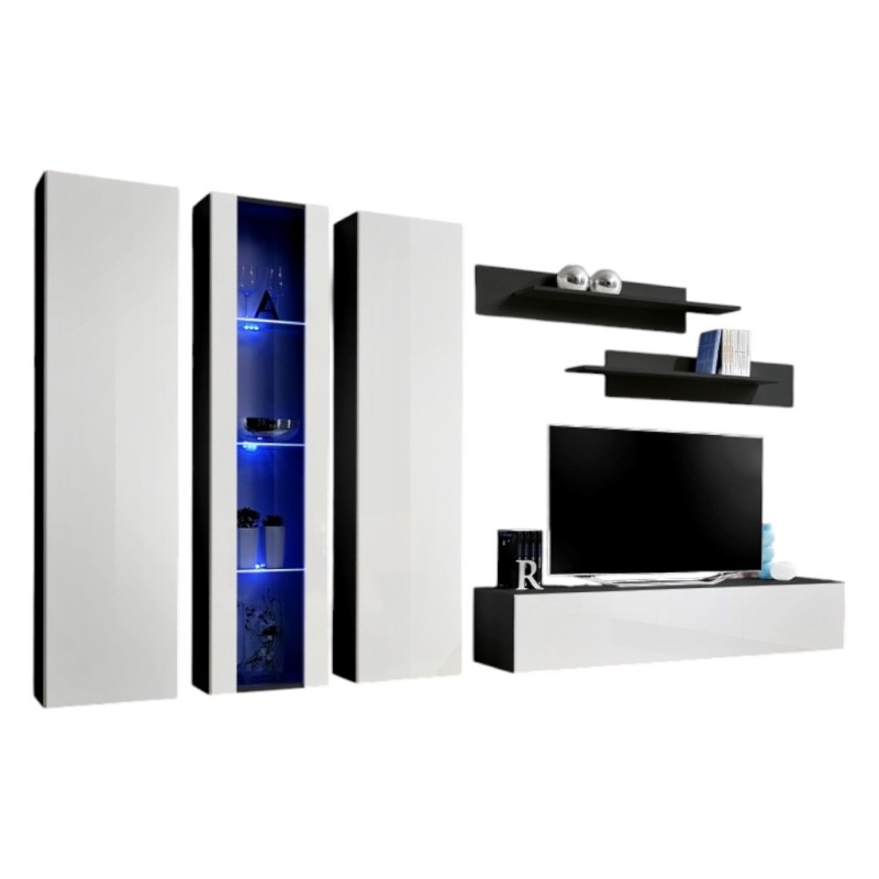Meuble TV FLY C4 design, coloris noir et blanc brillant. Meuble suspendu moderne et tendance pour votre salon.