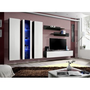 Meuble TV FLY C4 design, coloris noir et blanc brillant. Meuble suspendu moderne et tendance pour votre salon.