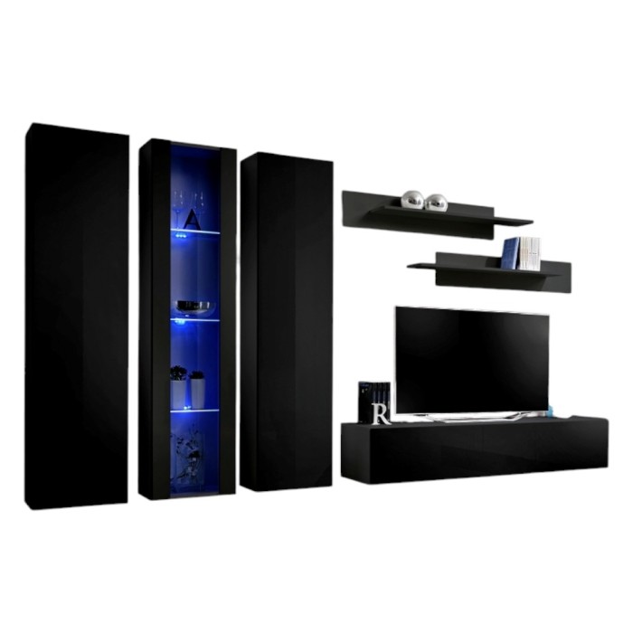 Meuble TV FLY C4 design, coloris noir brillant. Meuble suspendu moderne et tendance pour votre salon.