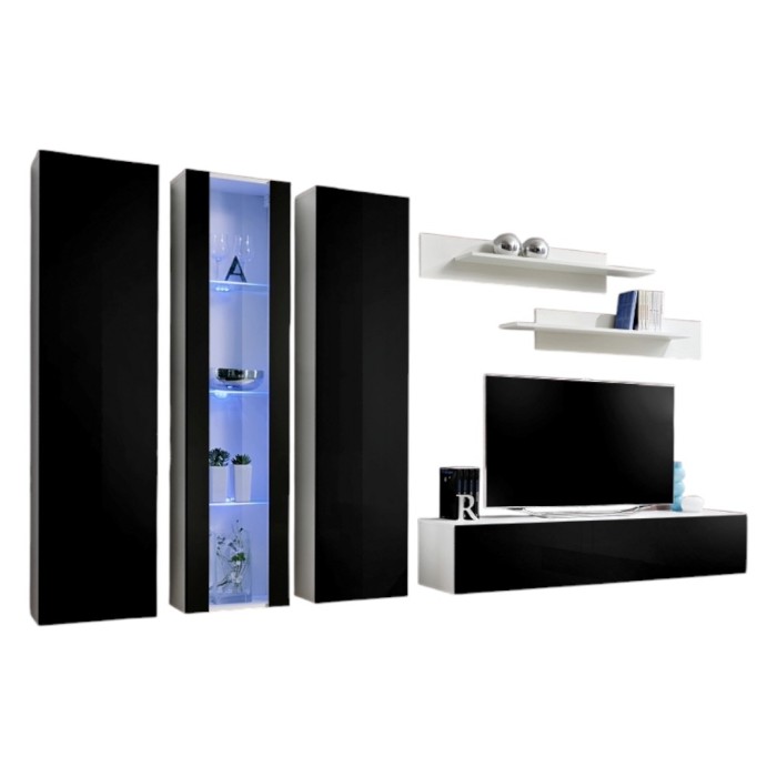 Meuble TV FLY C4 design, coloris blanc et noir brillant. Meuble suspendu moderne et tendance pour votre salon.