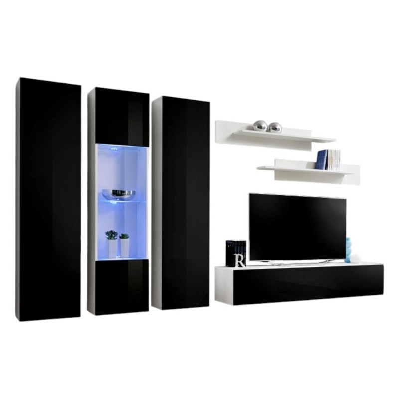 Meuble TV FLY C5 design, coloris blanc et noir brillant. Meuble suspendu moderne et tendance pour votre salon.