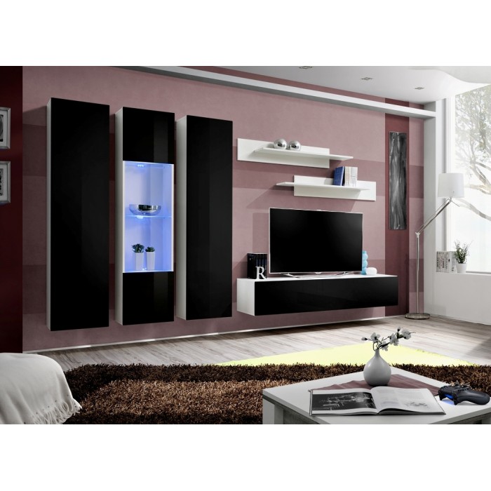 Meuble TV FLY C5 design, coloris blanc et noir brillant. Meuble suspendu moderne et tendance pour votre salon.
