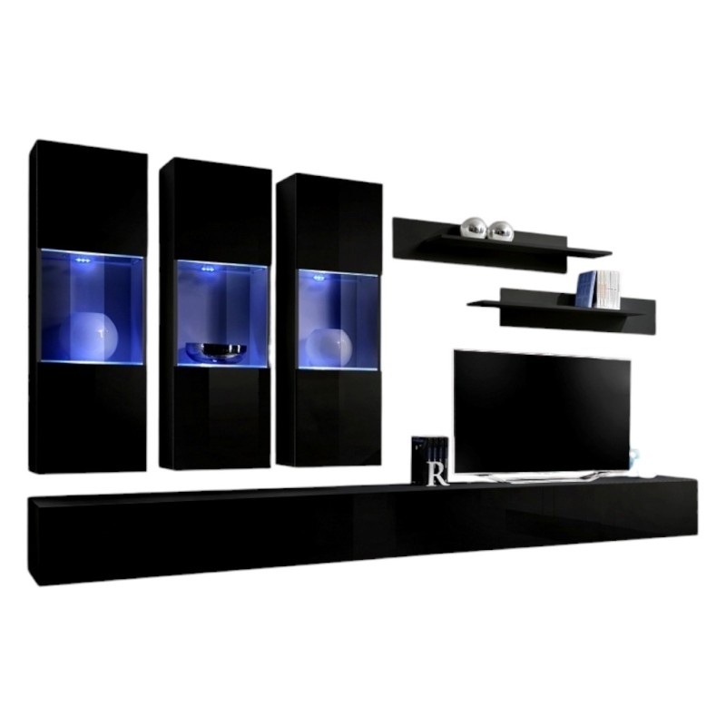Meuble TV FLY E3 design, coloris noir brillant. Meuble suspendu moderne et tendance pour votre salon.