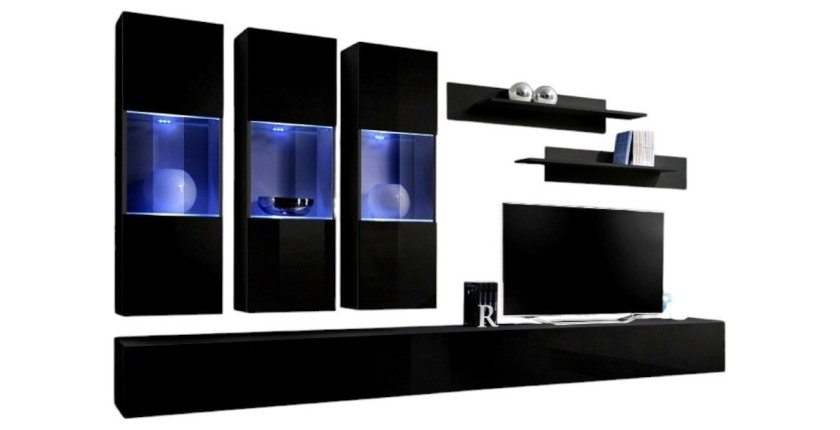 Meuble TV FLY E3 design, coloris noir brillant. Meuble suspendu moderne et tendance pour votre salon.