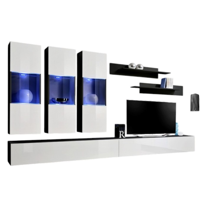 Meuble TV FLY E2 design, coloris noir et blanc brillant. Meuble suspendu moderne et tendance pour votre salon.