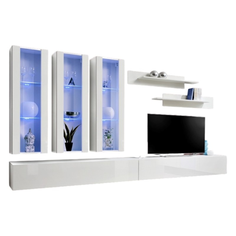 Meuble TV FLY E3 design, coloris blanc brillant. Meuble suspendu moderne et tendance pour votre salon.