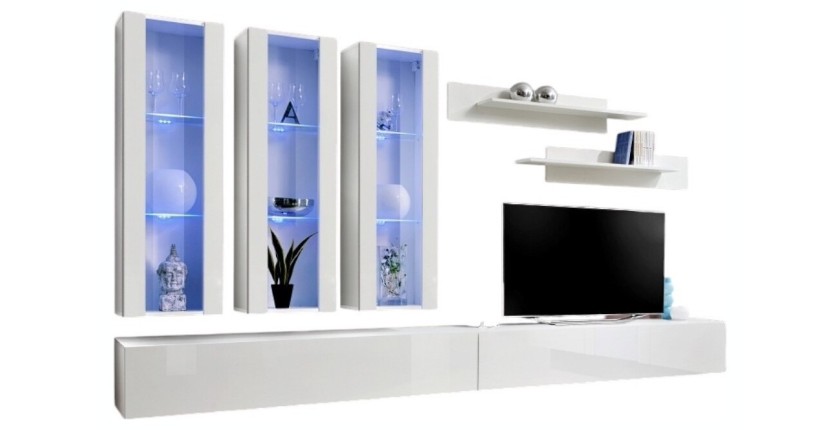 Meuble TV FLY E3 design, coloris blanc brillant. Meuble suspendu moderne et tendance pour votre salon.