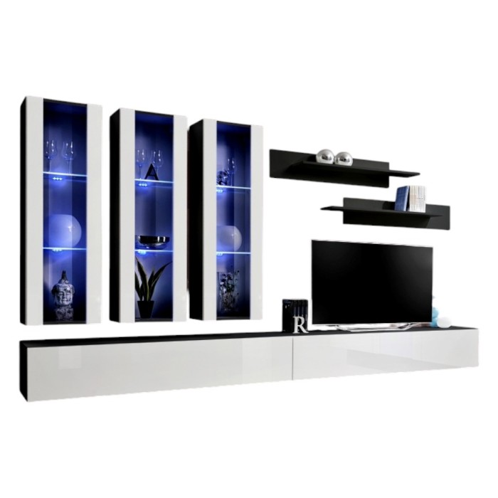 Meuble TV FLY E3 design, coloris noir et blanc brillant. Meuble suspendu moderne et tendance pour votre salon.