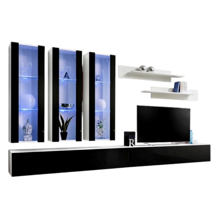 Meuble TV FLY E3 design, coloris blanc et noir brillant. Meuble suspendu moderne et tendance pour votre salon