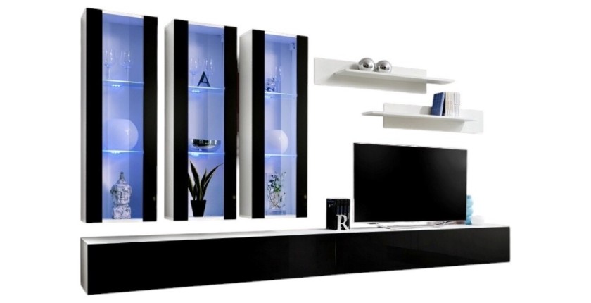 Meuble TV FLY E3 design, coloris blanc et noir brillant. Meuble suspendu moderne et tendance pour votre salon