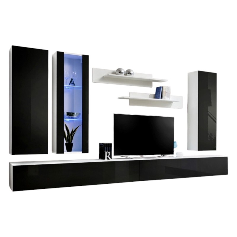 Meuble TV FLY E4 design, coloris blanc et noir brillant. Meuble suspendu moderne et tendance pour votre salon.