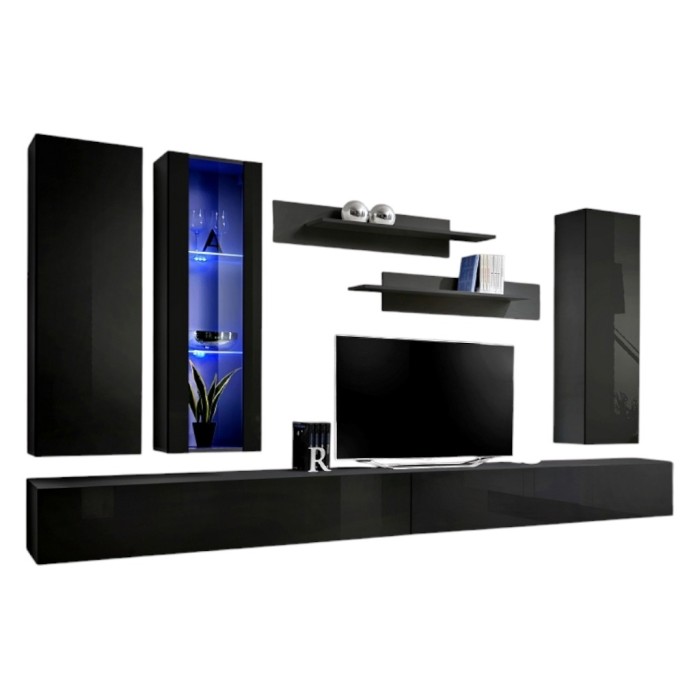 Meuble TV FLY E4 design, coloris noir brillant. Meuble suspendu moderne et tendance pour votre salon.