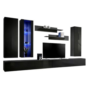 Meuble TV FLY E4 design, coloris noir brillant. Meuble suspendu moderne et tendance pour votre salon.