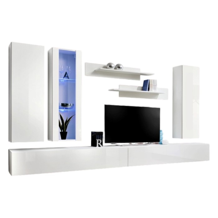 Meuble TV FLY E4 design, coloris blanc brillant. Meuble suspendu moderne et tendance pour votre salon.