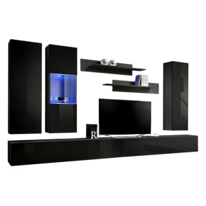 Meuble TV FLY E5 design, coloris noir brillant. Meuble suspendu moderne et tendance pour votre salon.