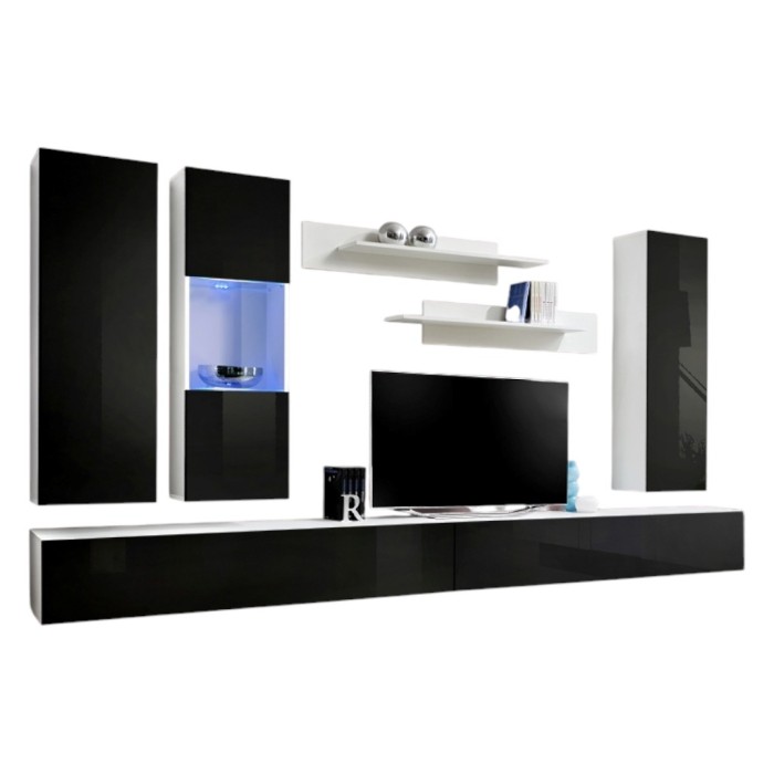 Meuble TV FLY E5 design, coloris blanc et noir brillant. Meuble pour votre salon.