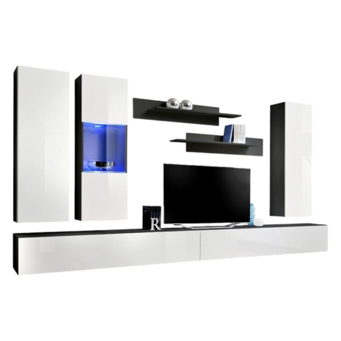 Meuble TV FLY E5 design, coloris noir et blanc brillant. Meuble suspendu moderne et tendance pour votre salon.