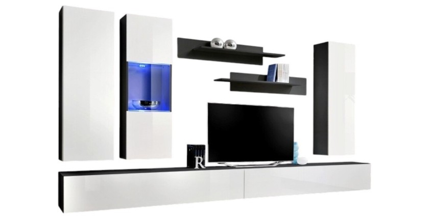Meuble TV FLY E5 design, coloris noir et blanc brillant. Meuble suspendu moderne et tendance pour votre salon.