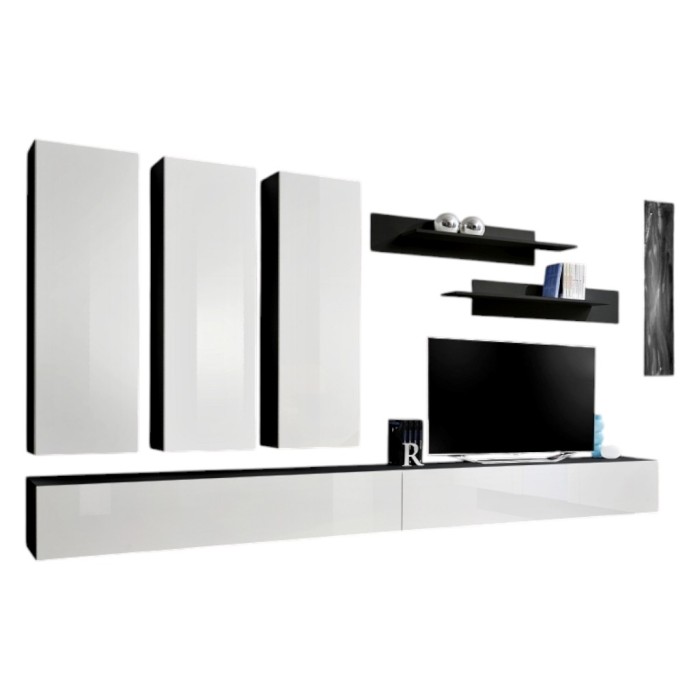 Meuble TV FLY E1 design, coloris noir et blanc brillant. Meuble suspendu moderne et tendance pour votre salon.