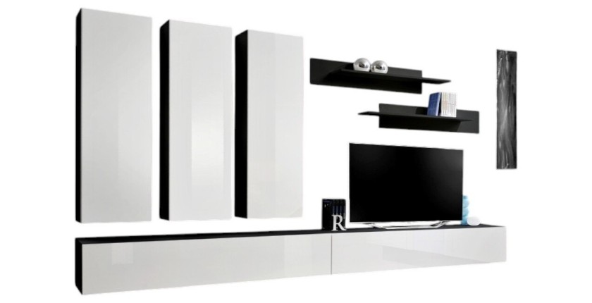 Meuble TV FLY E1 design, coloris noir et blanc brillant. Meuble suspendu moderne et tendance pour votre salon.