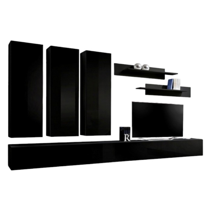 Meuble TV FLY E1 design, coloris noir brillant. Meuble suspendu moderne et tendance pour votre salon.