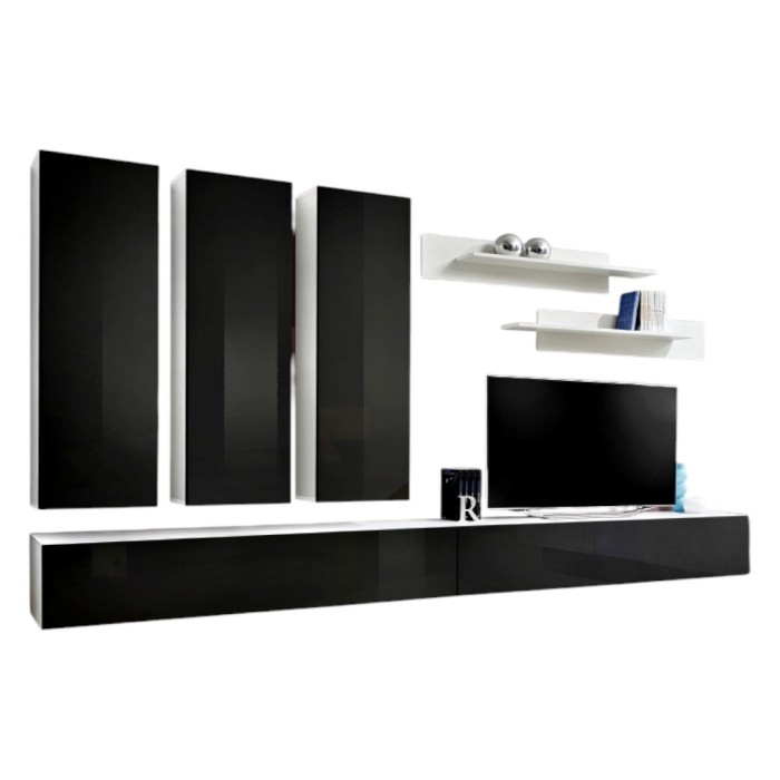 Meuble TV FLY E1 design, coloris blanc et noir noir brillant. Meuble suspendu moderne et tendance pour votre salon.