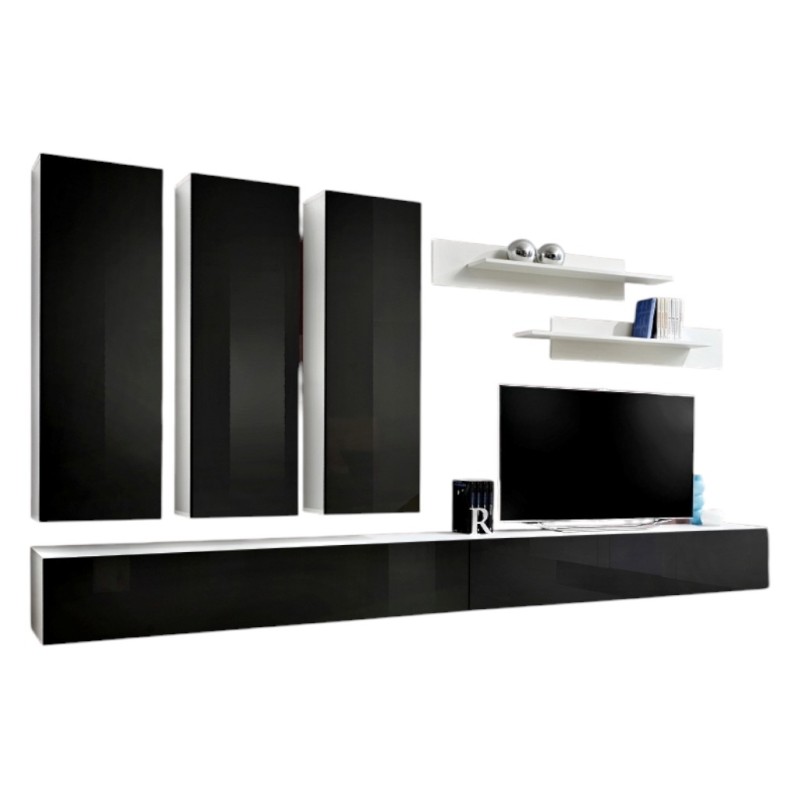 Meuble TV FLY E1 design, coloris blanc et noir noir brillant. Meuble suspendu moderne et tendance pour votre salon.