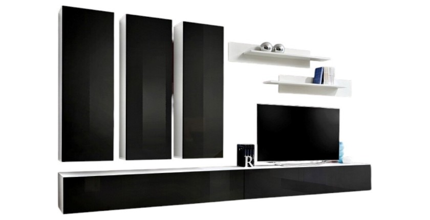 Meuble TV FLY E1 design, coloris blanc et noir noir brillant. Meuble suspendu moderne et tendance pour votre salon.