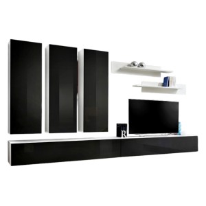 Meuble TV FLY E1 design, coloris blanc et noir noir brillant. Meuble suspendu moderne et tendance pour votre salon.