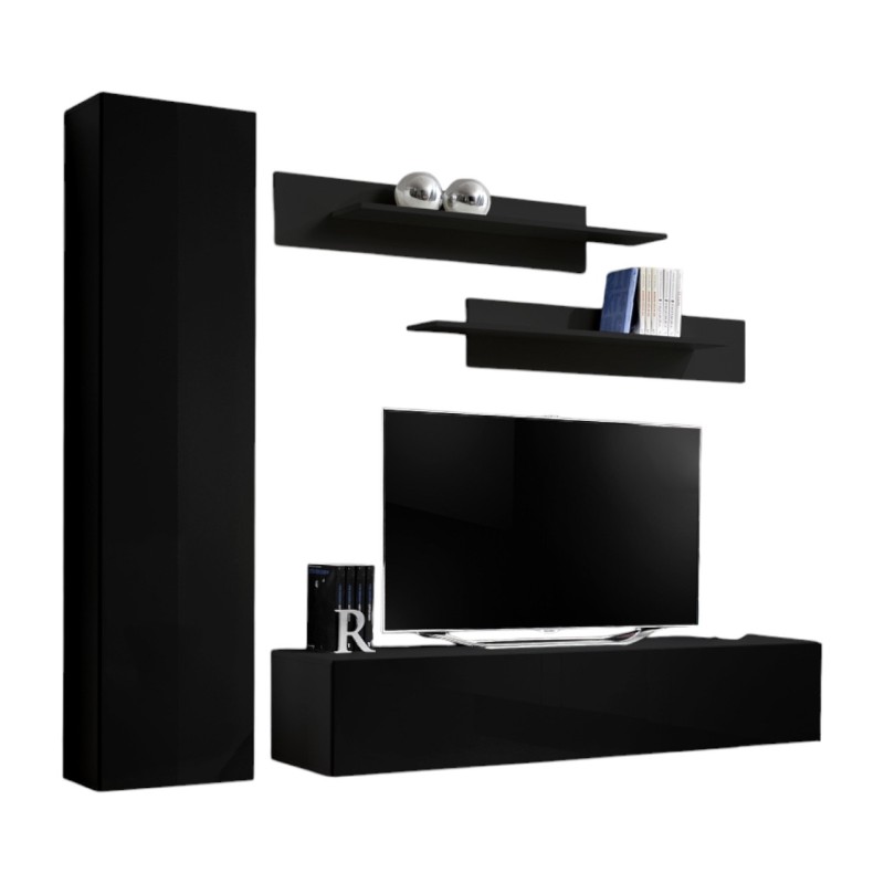 Meuble TV FLY G1 design, coloris noir brillant. Meuble suspendu moderne et tendance pour votre salon.