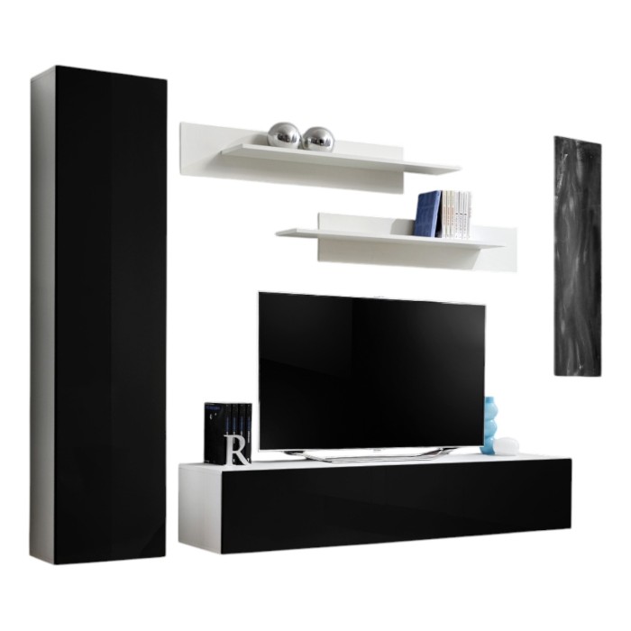 Meuble TV FLY G1 design, coloris blanc et noir brillant. Meuble suspendu moderne et tendance pour votre salon.