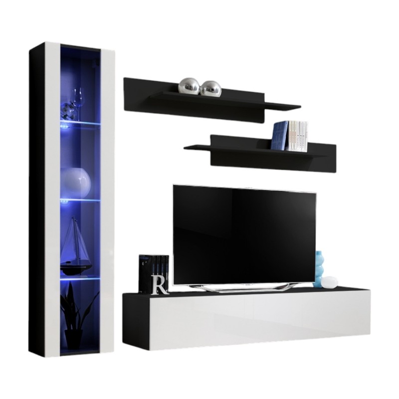 Meuble TV FLY G2 design, coloris noir et blanc brillant. Meuble suspendu moderne et tendance pour votre salon.