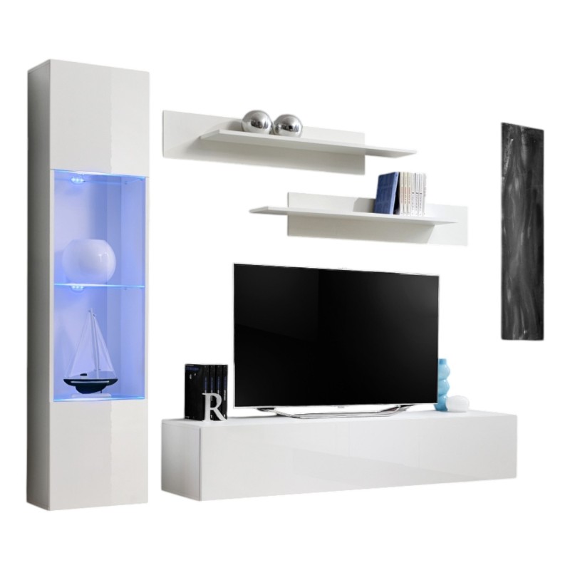 Meuble TV FLY G3 design, coloris blanc brillant. Meuble suspendu moderne et tendance pour votre salon.