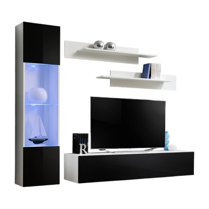 Meuble TV FLY G3 design, coloris blanc et noir brillant. Meuble suspendu moderne et tendance pour votre salon.
