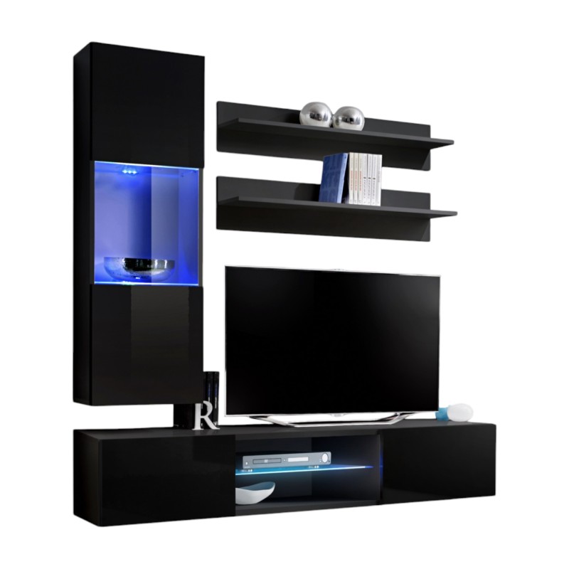 Ensemble Meuble TV FLY S3 avec LED. Coloris noir. Meuble suspendu design pour votre salon.