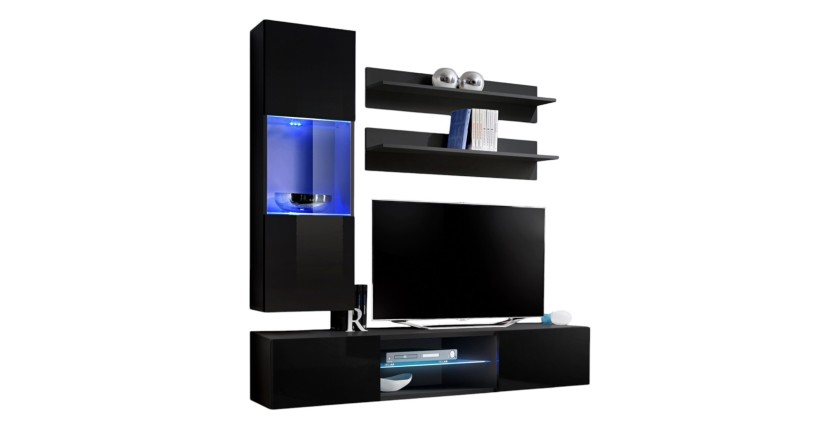 Ensemble Meuble TV FLY S3 avec LED. Coloris noir. Meuble suspendu design pour votre salon.