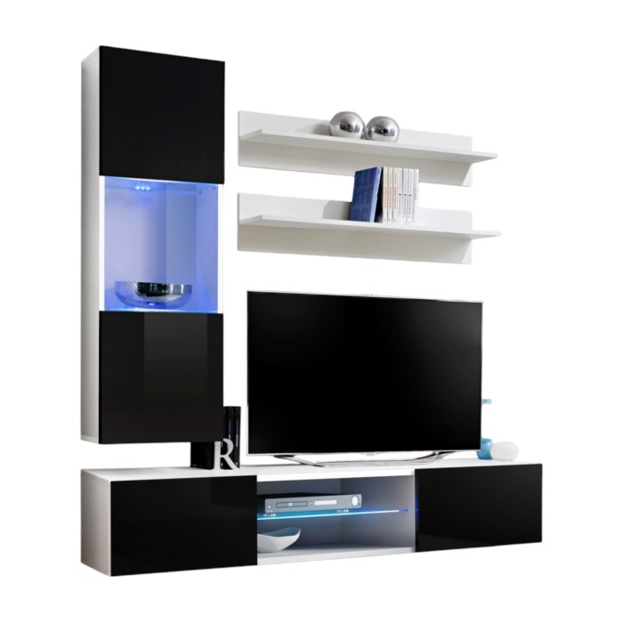 Ensemble Meuble TV FLY S3 avec LED. Coloris blanc et noir. Meuble suspendu design pour votre salon.