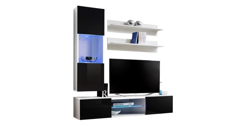 Ensemble Meuble TV FLY S3 avec LED. Coloris blanc et noir. Meuble suspendu design pour votre salon.