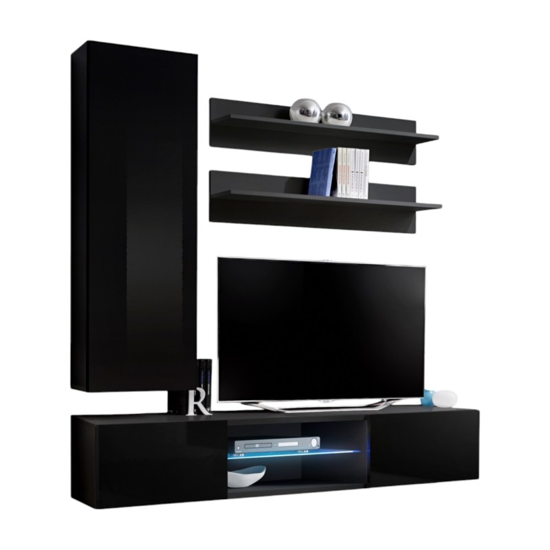 Ensemble Meuble TV FLY S1 avec LED. Coloris noir. Meuble suspendu design pour votre salon.