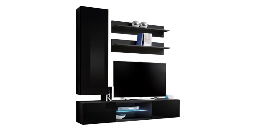 Ensemble Meuble TV FLY S1 avec LED. Coloris noir. Meuble suspendu design pour votre salon.