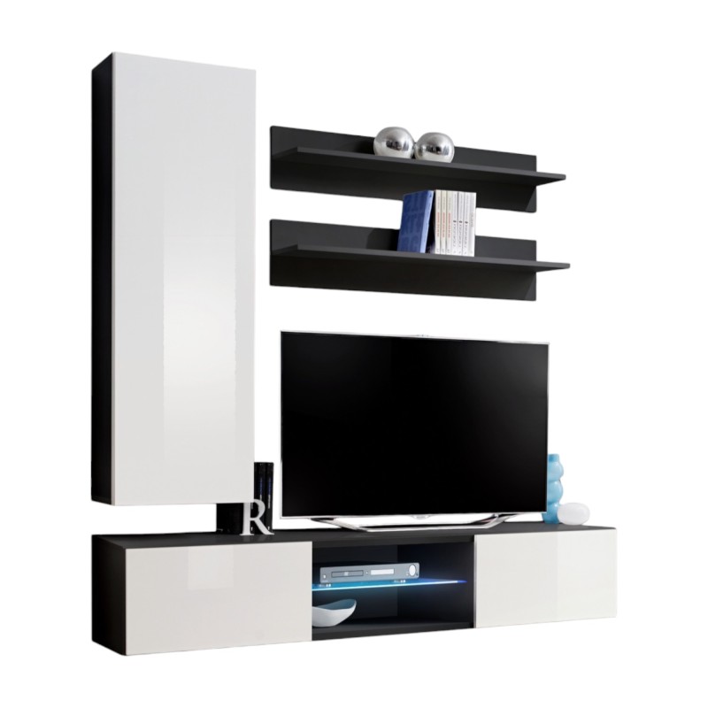 Ensemble Meuble TV FLY S1 avec LED. Coloris noir et blanc. Meuble suspendu design pour votre salon.