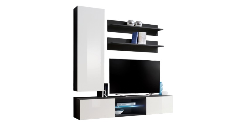 Ensemble Meuble TV FLY S1 avec LED. Coloris noir et blanc. Meuble suspendu design pour votre salon.
