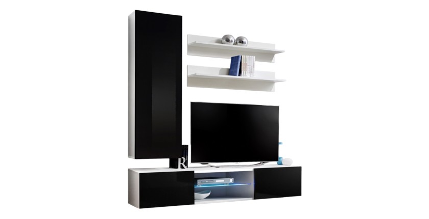 Ensemble Meuble TV FLY S1 avec LED. Coloris blanc et noir. Meuble suspendu design pour votre salon.