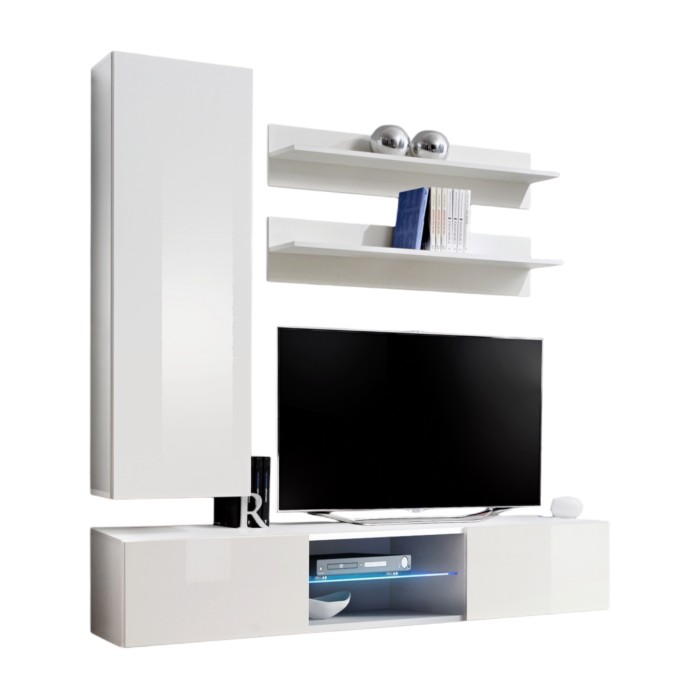Ensemble Meuble TV FLY S1 avec LED. Coloris blanc. Meuble suspendu design pour votre salon.